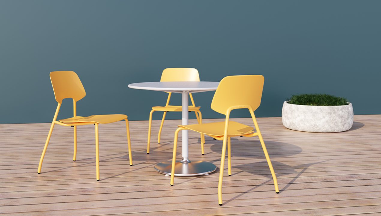 maglin_aries-battery-scene Yellow ARIES chairs with white Battery table on wood planks with planter in background